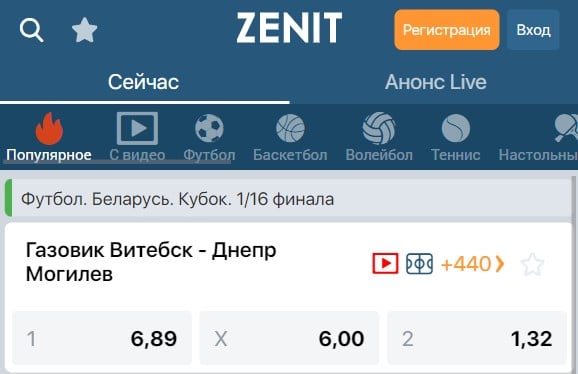 Функціонал платформи букмекера Зенит