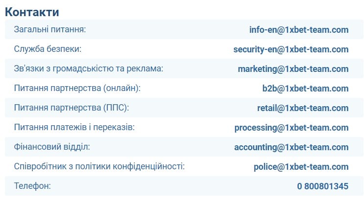 Служба підтримки букмекера 1xbet